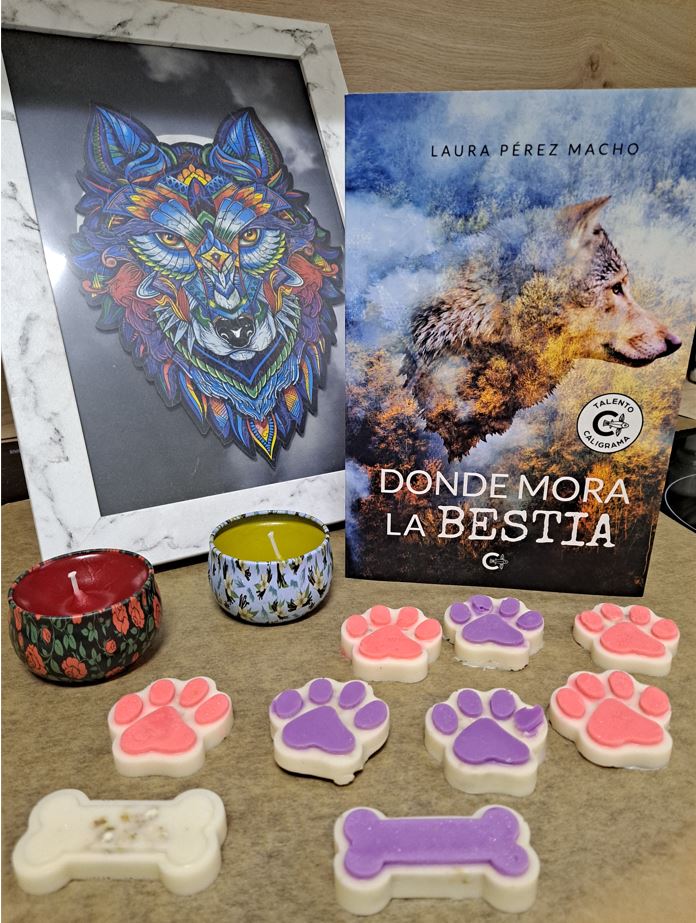 Libro con velas en envase metálico  y jabones artesanos de avena aptos para mascotas